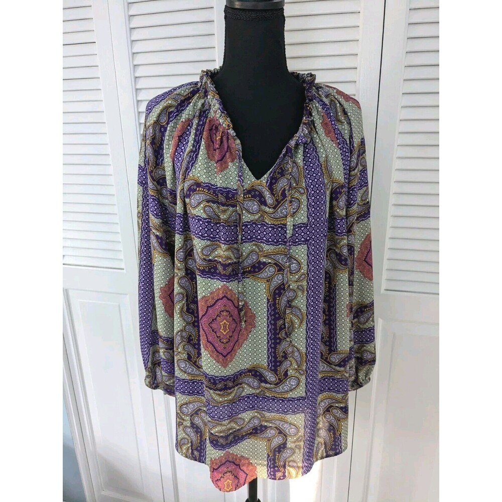Simply Emma Top Women's sz 2X V-neck Handkerchief Print Multi Boho Peasant Sheer